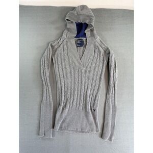 Y2k American Eagle Outfitters‎ Sweater Womens S Gray Hooded Cable Knit V Neck